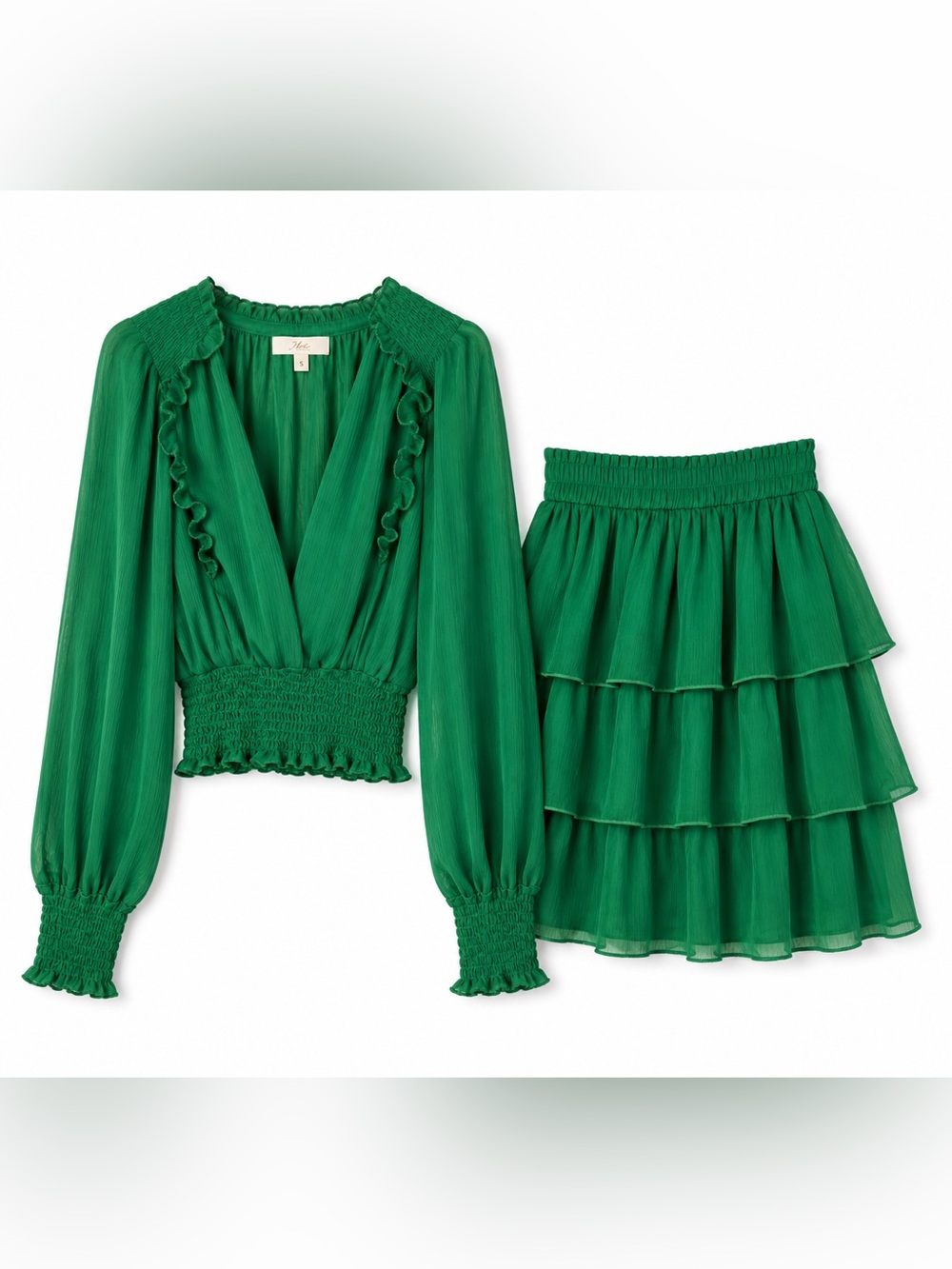 Green Tiered Ruffle Mini Skirt Set Boho Cottagecore Balletcore Elastic Waist